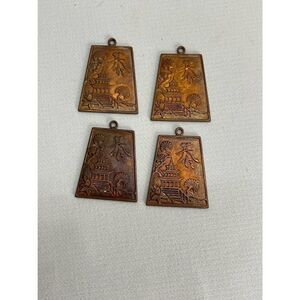 Vintage Chinoiserie Charm Pendant Pagoda Garden Brass Metal Jewelry set of 4